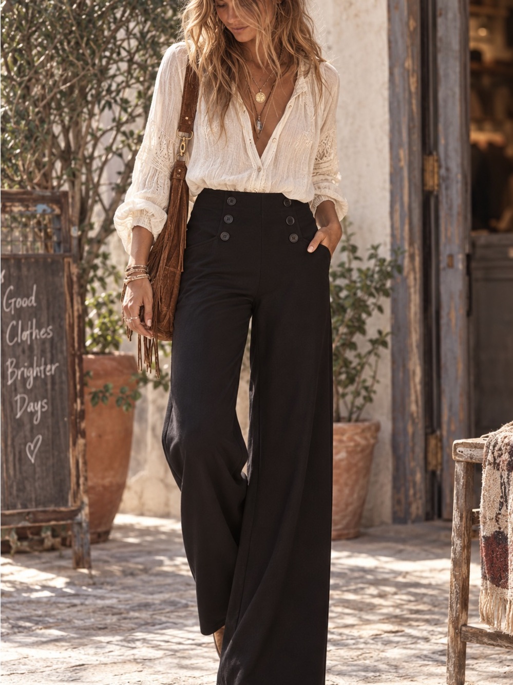 Max Studio Black High-Waist Wide-Leg Sailor Pants